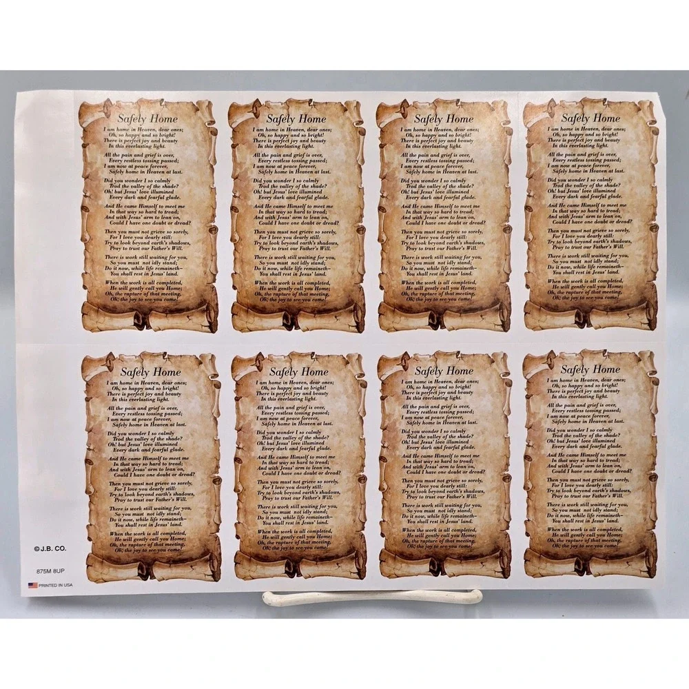Safely Home Memorial Poem Sheets 8-Up Scroll Design 875M 8UP USA Made 15 ct.